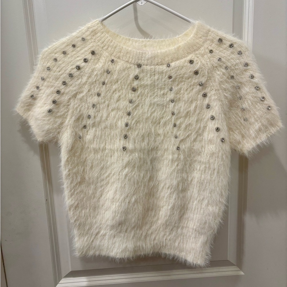 NWT Muse Ivory Eyelash Sweater with faux diamond stud embellishments - S